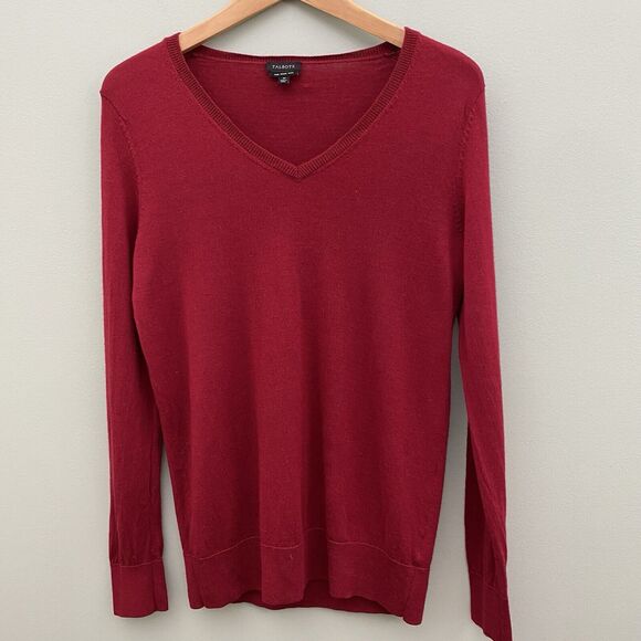 Talbots Merino Wool Sweater Womens Medium Red Pullover V Neck Preppy Minimalist - Picture 1 of 8